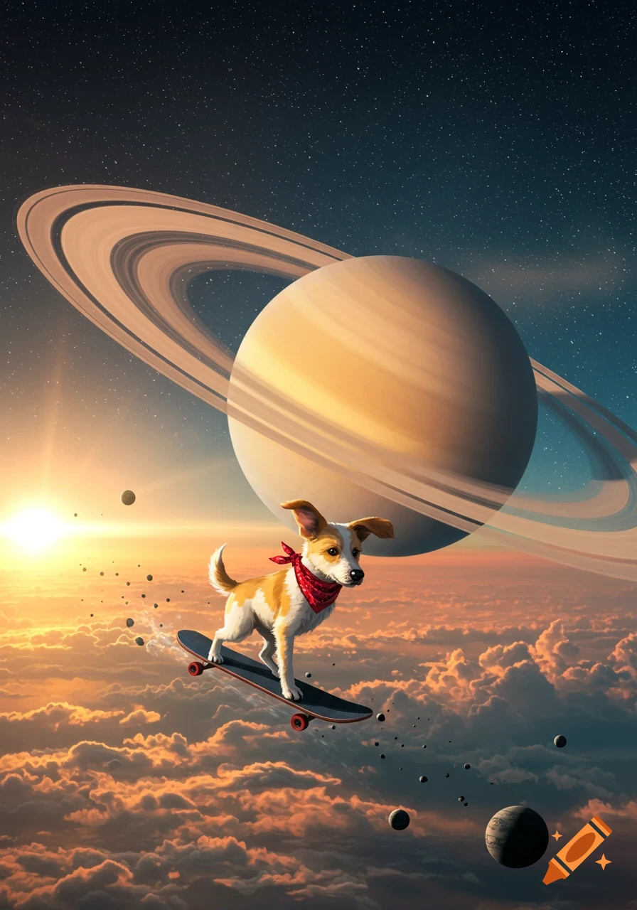 An illustrated dog on a skateboard floats above clouds with Saturn and a bright sun in the starry sky.