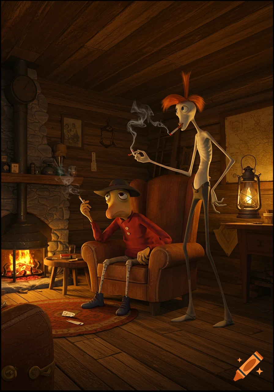 Two stylized cartoon characters, one tall and skinny with red hair, one seated in an armchair with a hat, smoke cigarettes in a rustic log cabin by a fireplace.