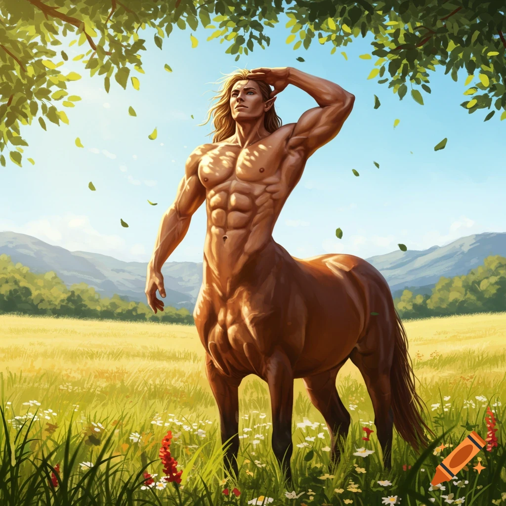 Muscular male centaur with blonde hair standing in a sunny, grassy field with mountains, shielding his eyes. Digital art.