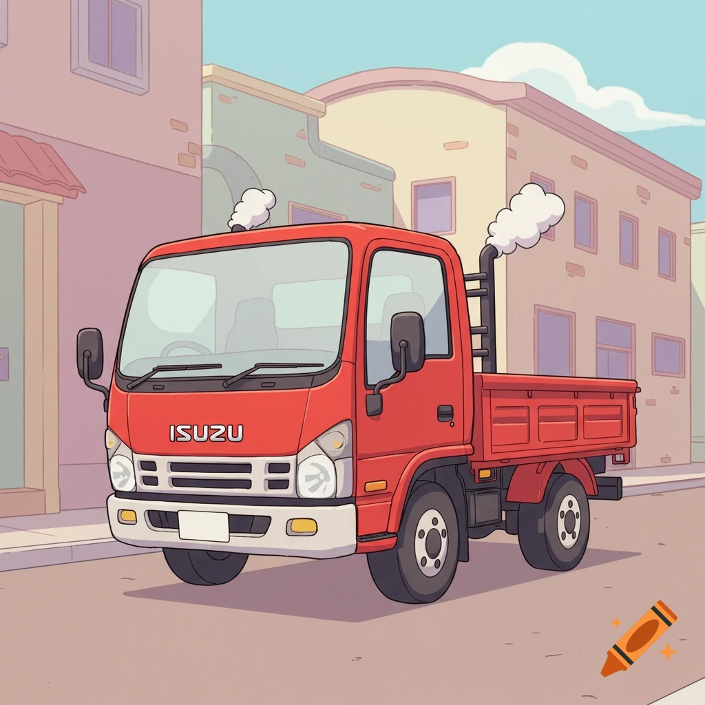 A red cartoon Isuzu truck with smoke coming from two exhausts, parked on a street in front of buildings.