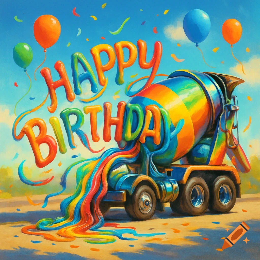 Colorful cement truck pouring 'HAPPY BIRTHDAY' text, with balloons and confetti in a vibrant illustration style.