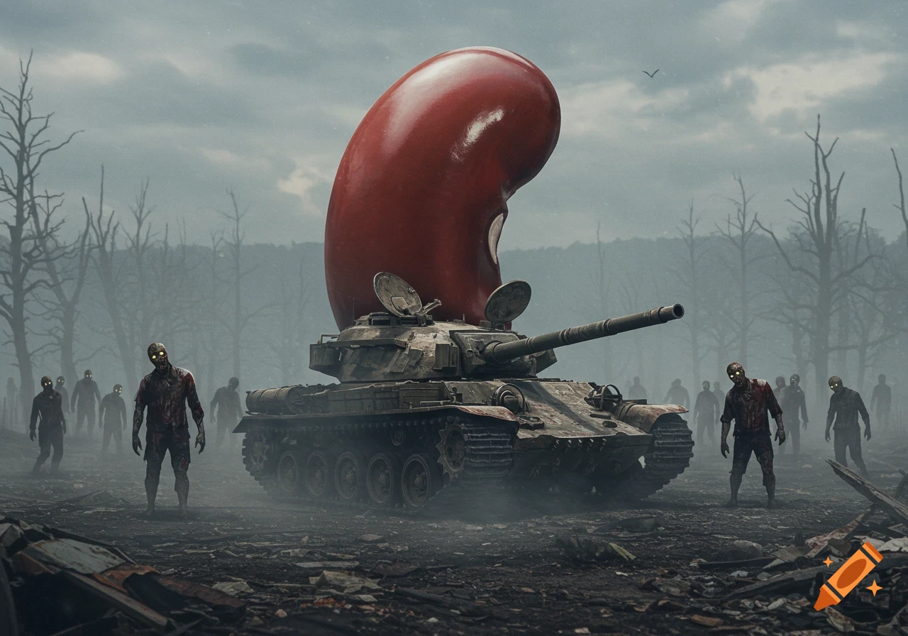 A giant red kidney bean sits on a military tank surrounded by a horde of glowing-eyed zombies in a foggy, desolate, photorealistic landscape.