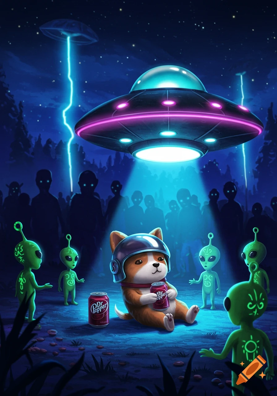 Cartoon dog in a helmet holding a Dr. Pepper can, surrounded by green aliens, under a large UFO beaming light in a dark forest at night with silhouetted figures.