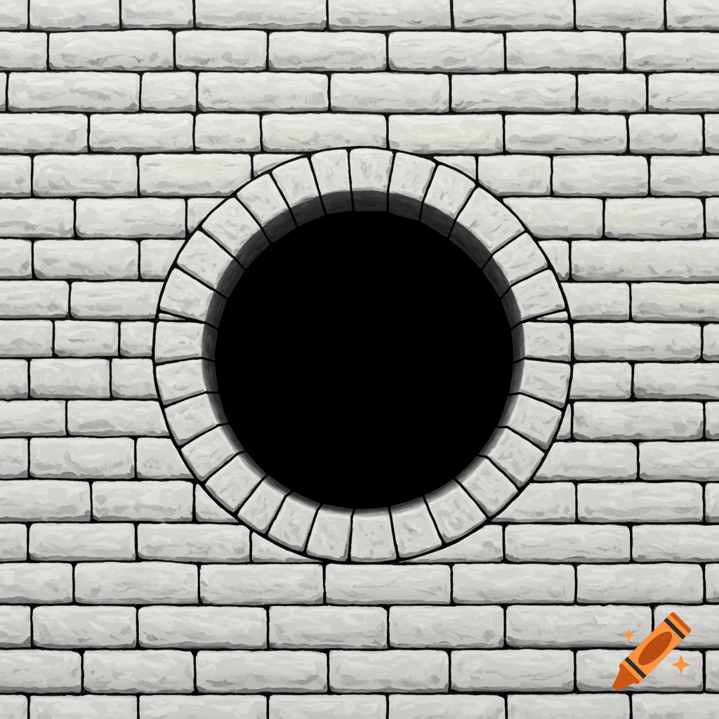 A white stone brick wall with a black circular hole in the center, outlined in black.