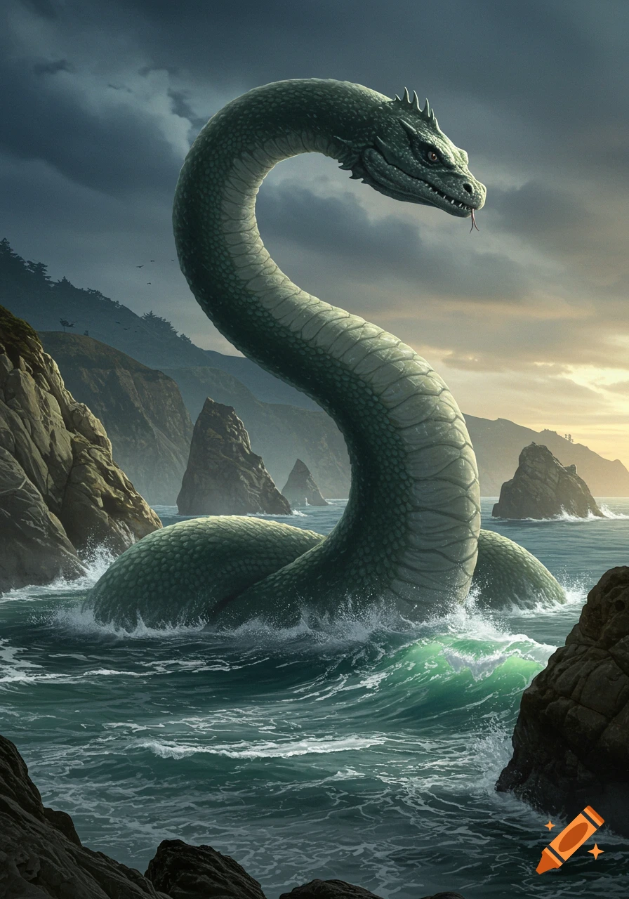 A massive green sea serpent with textured scales rises from choppy ocean waters near a rocky coastline under a dramatic cloudy sky.