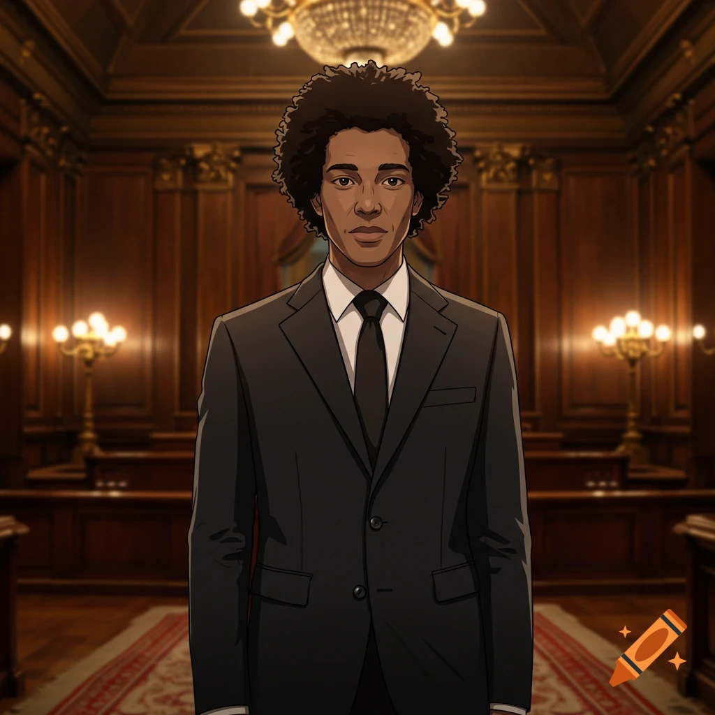 Animated man with an afro in a dark suit standing formally in a grand courtroom.