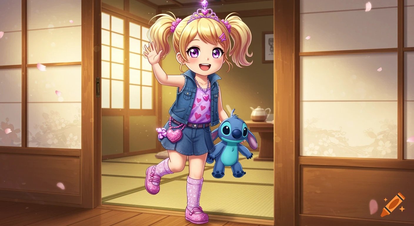 A cute anime girl with blonde pigtails and a tiara, holding a Stitch plushie, waves from a traditional Japanese doorway.