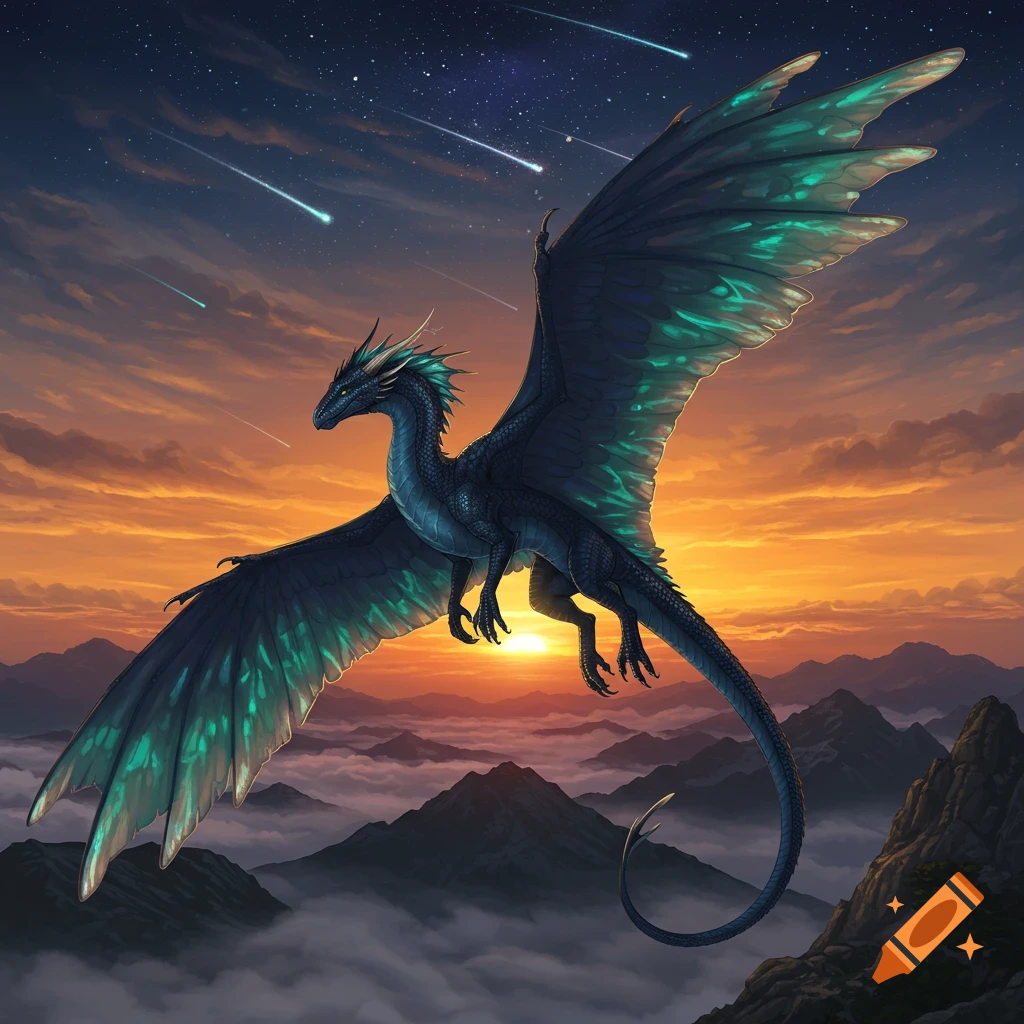 A dark blue dragon with iridescent wings soars over misty mountains during a vibrant sunset with meteors.