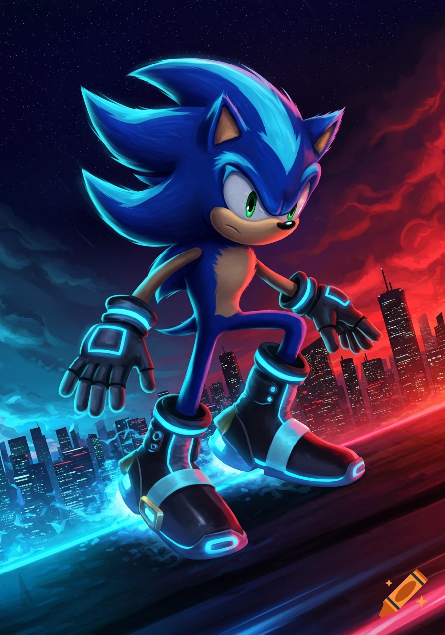 A vibrant digital illustration of Sonic the Hedgehog with glowing blue streaks, standing on a futuristic cityscape lit by blue and red neon.