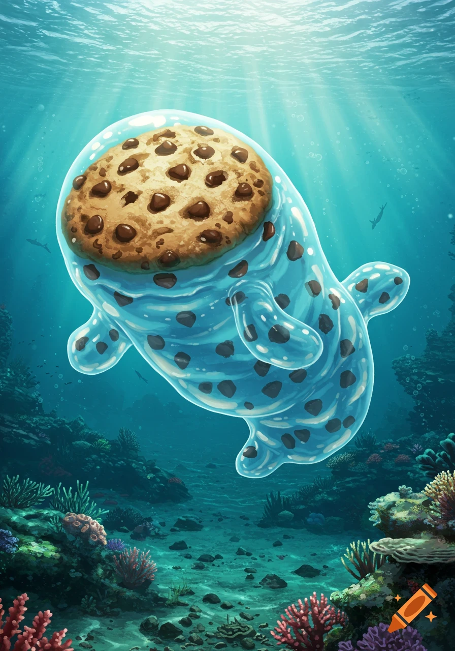 A cartoonish, translucent blue blob-like creature with a chocolate chip cookie for a head floats in a vibrant underwater coral reef.