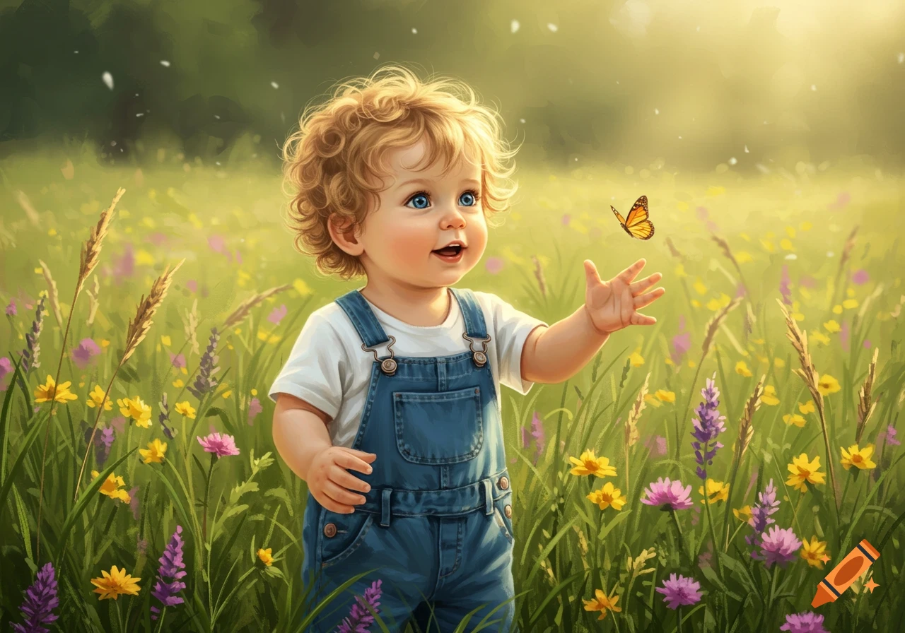 Digital painting of a happy baby boy with curly hair reaching for a butterfly in a field of wildflowers.