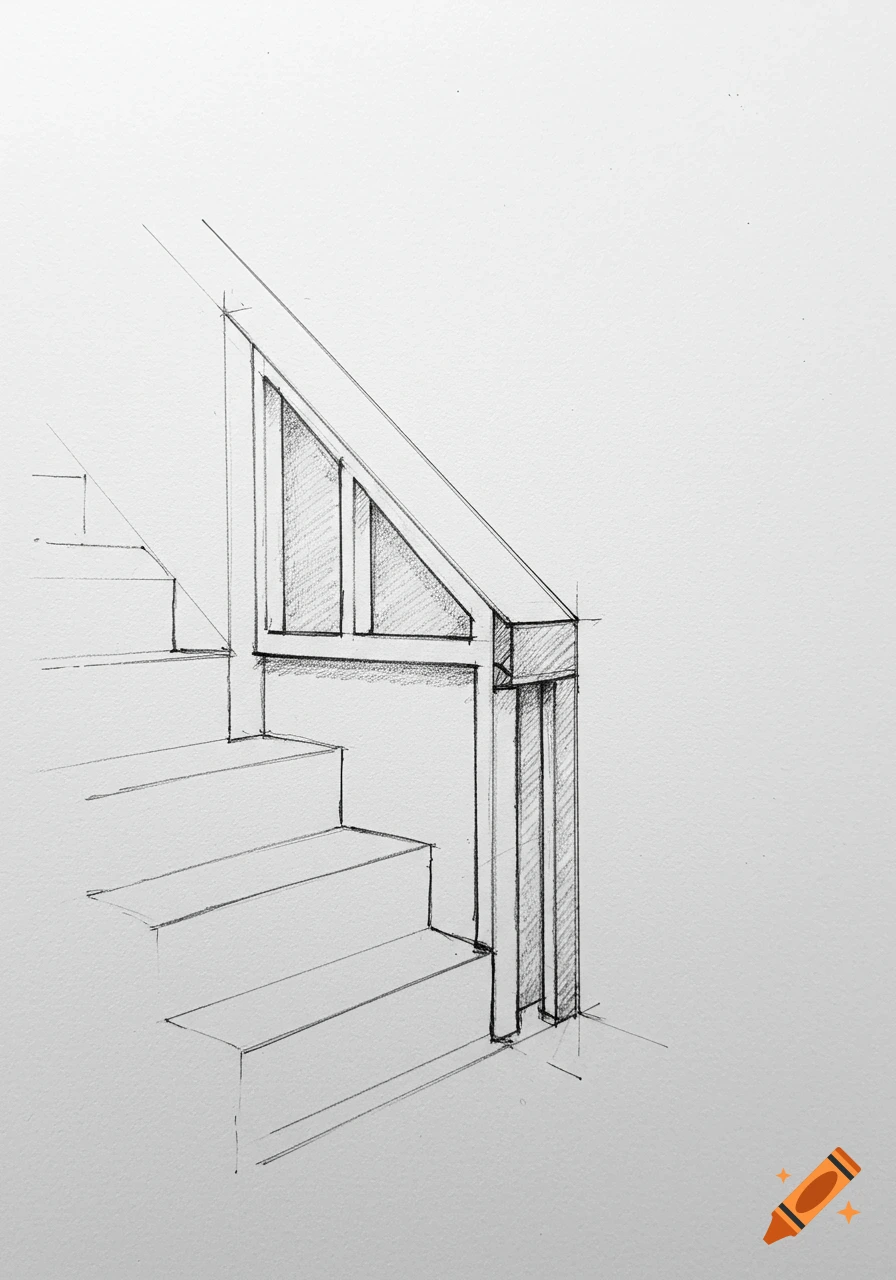 Black and white architectural sketch of a modern staircase with a sloped railing.
