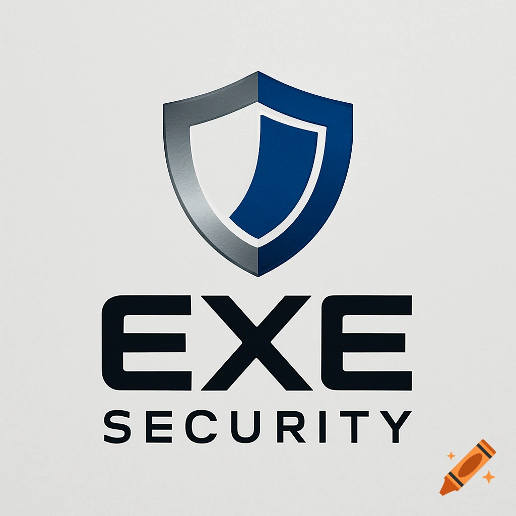 A modern logo featuring a metallic gray and blue shield above the text 'EXE SECURITY'.
