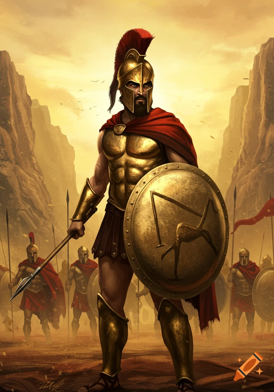 A stoic Spartan warrior in gold armor, red cape, and helmet holds a spear and shield, leading an army in a dusty, rocky landscape under a golden sky.