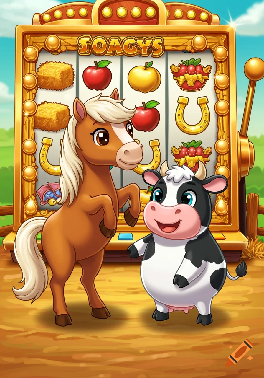 A cute cartoon horse and cow stand in front of a golden slot machine on a farm.