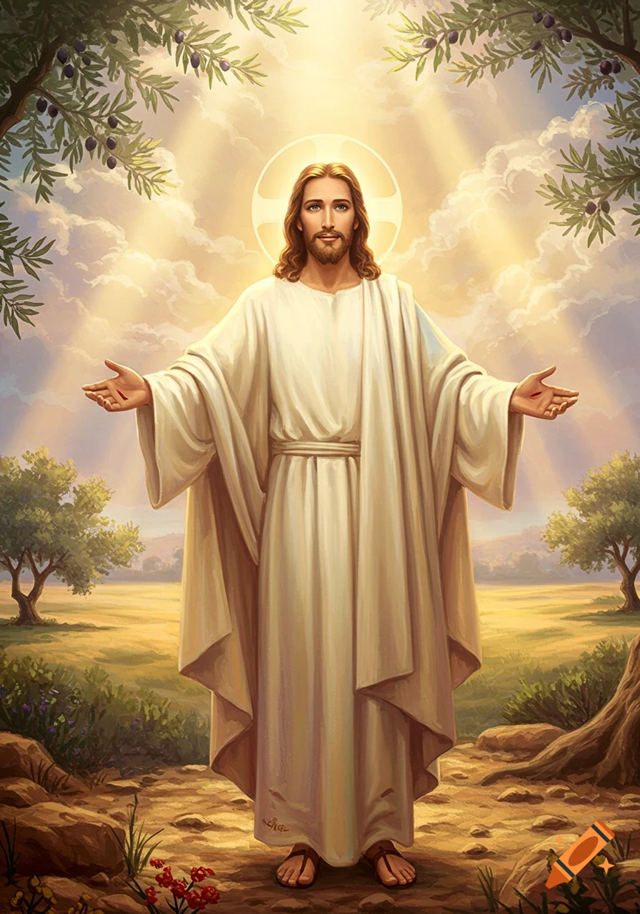 Jesus Christ with open arms, standing in a field with olive trees, under a bright, divine light.