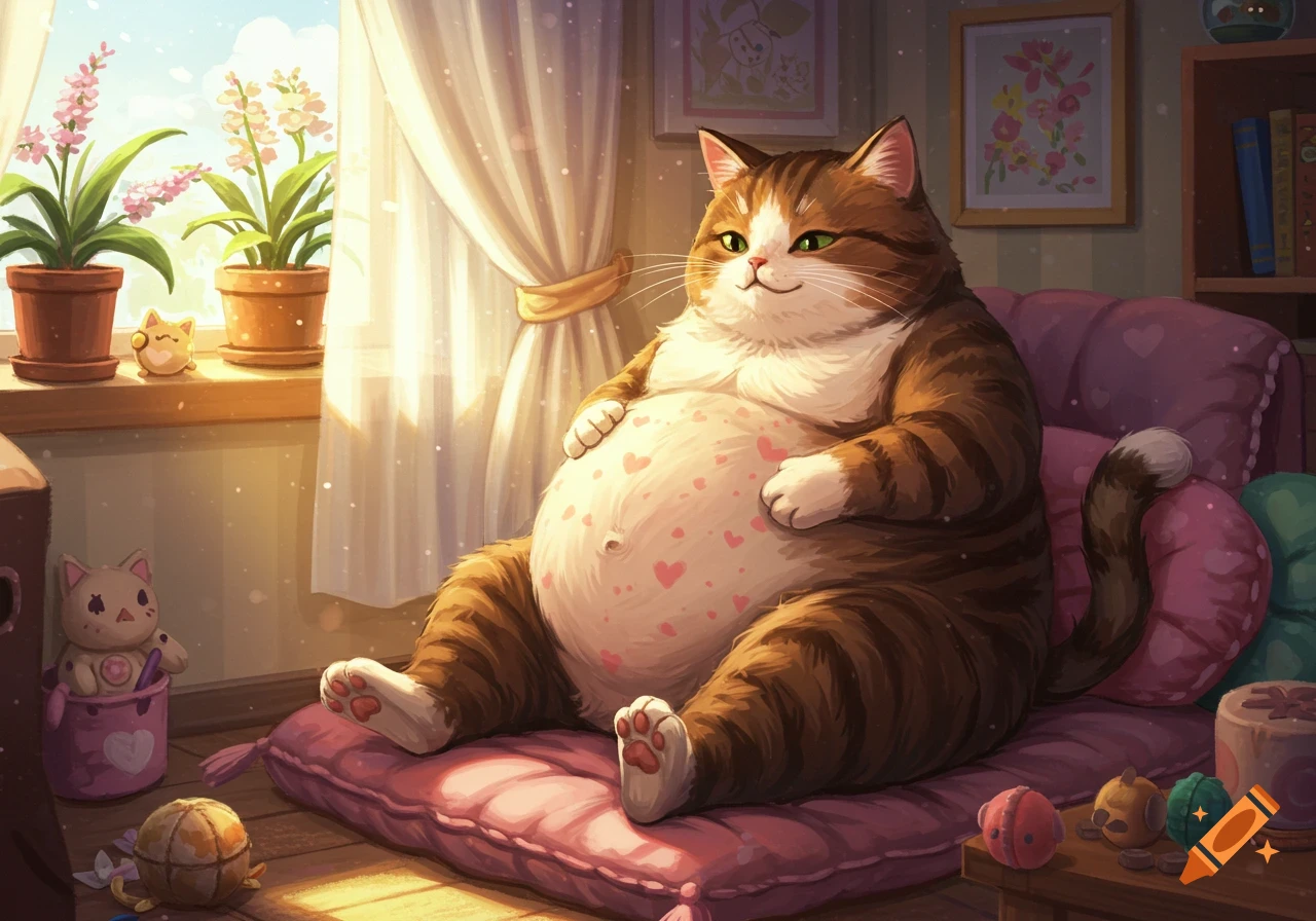 A plump, happy tabby cat with a large belly adorned with pink hearts sits on a pink cushion in a sunlit room, cartoon style.