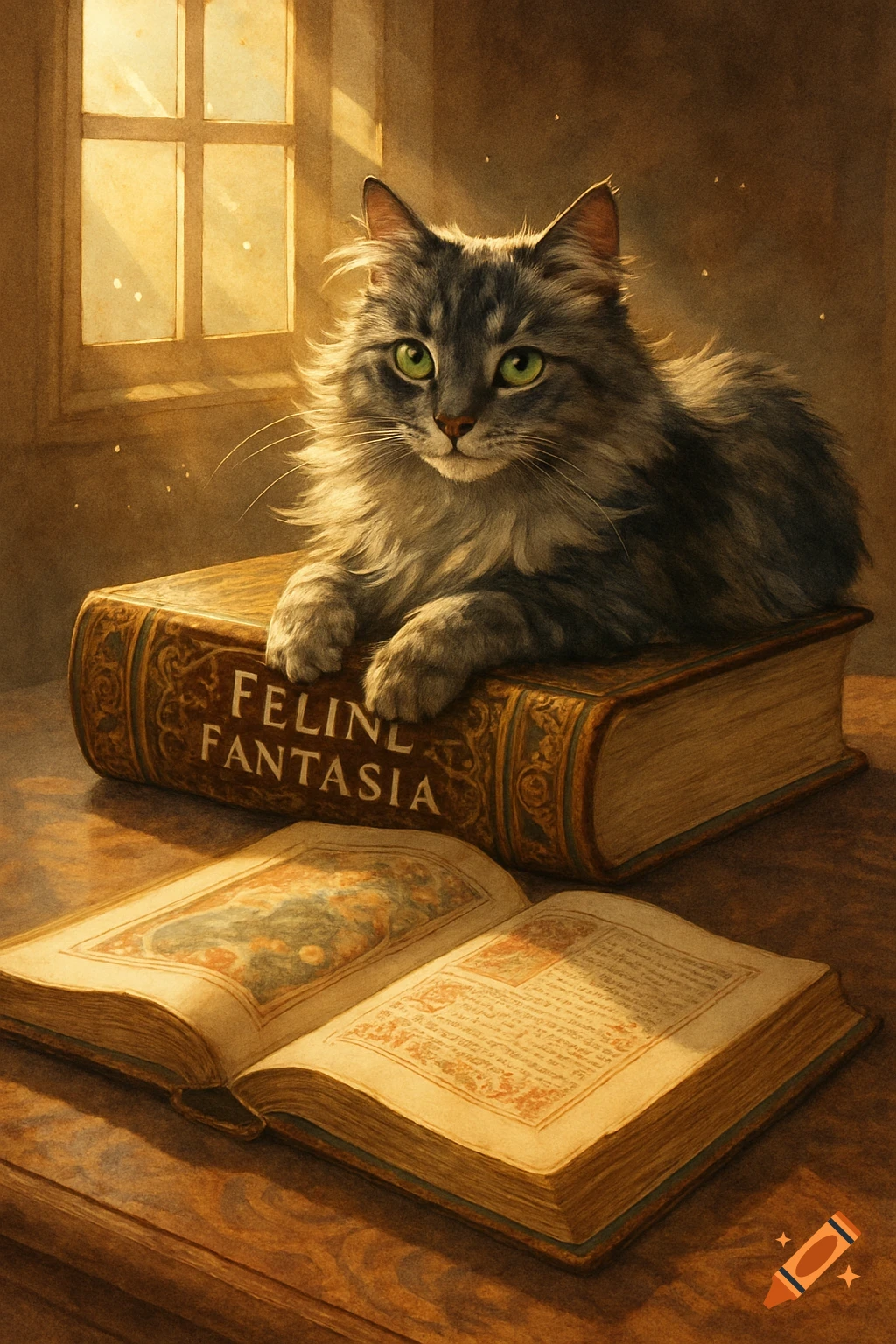A fluffy grey cat with green eyes rests on a large book titled 'Feline Fantasia', next to an open book on a wooden table, bathed in golden light from a window.