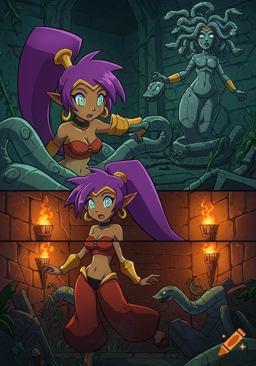 Cartoon Shantae in a two-panel comic, first with Medusa statue and snakes, then in a torchlit ruin.