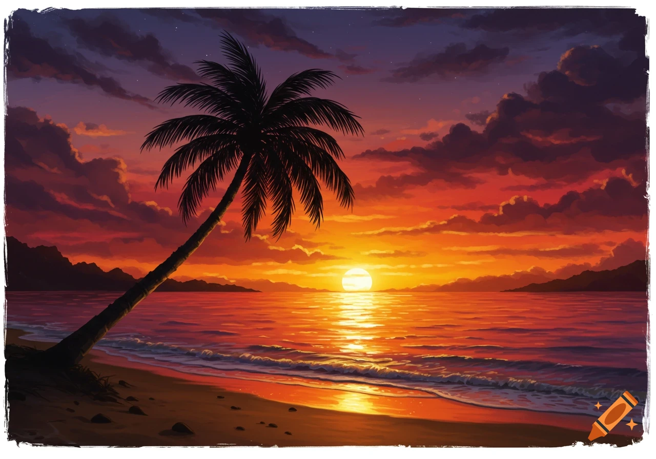 Illustrative tropical sunset with a silhouetted palm tree leaning over a sandy beach and calm ocean.