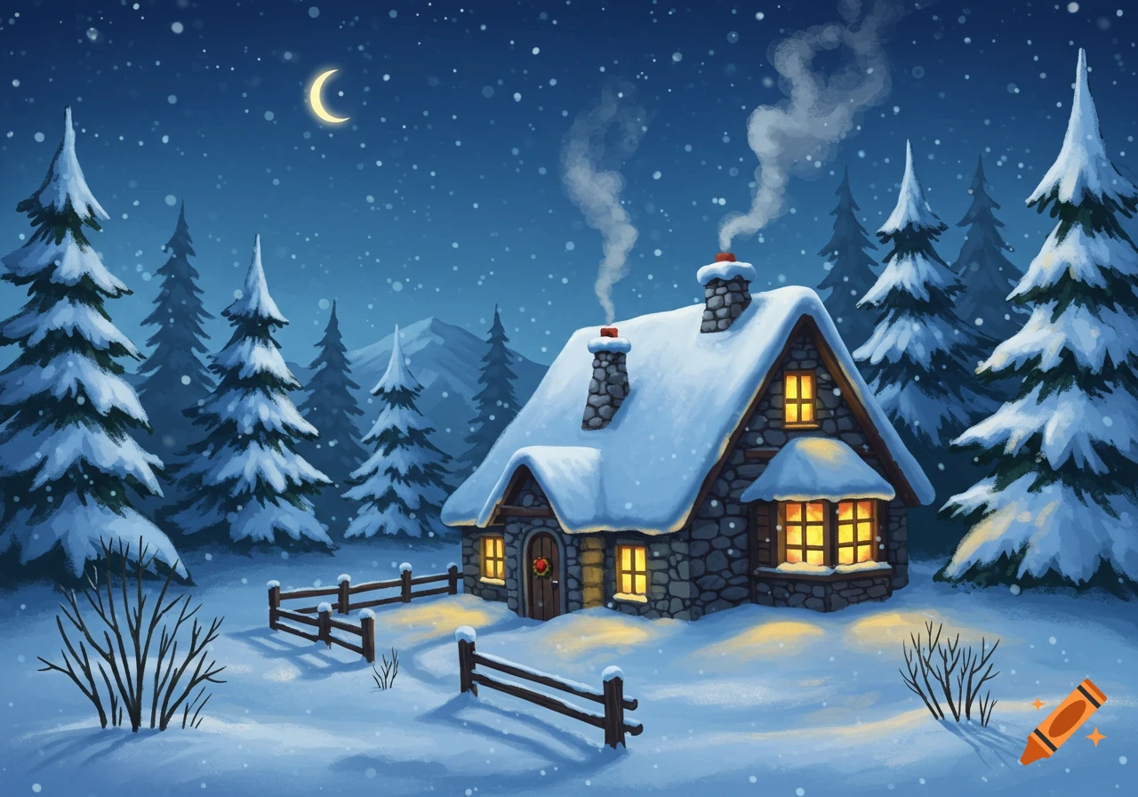 Illustration of a snow-covered cottage nestled in a winter forest at night, with warm light glowing from its windows under a crescent moon.