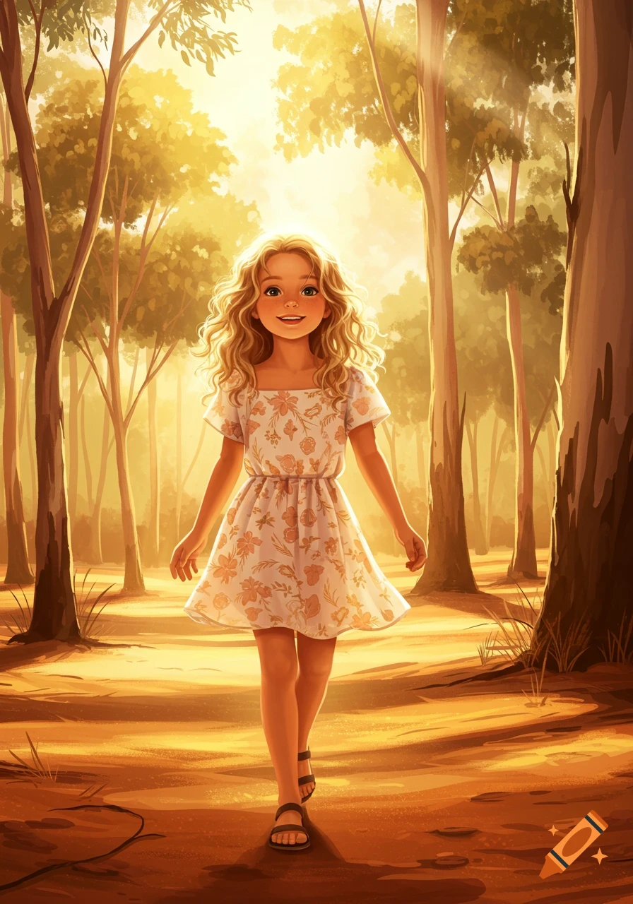 An illustrated young girl with blonde curly hair walks on a sunlit path through a warm, golden forest.