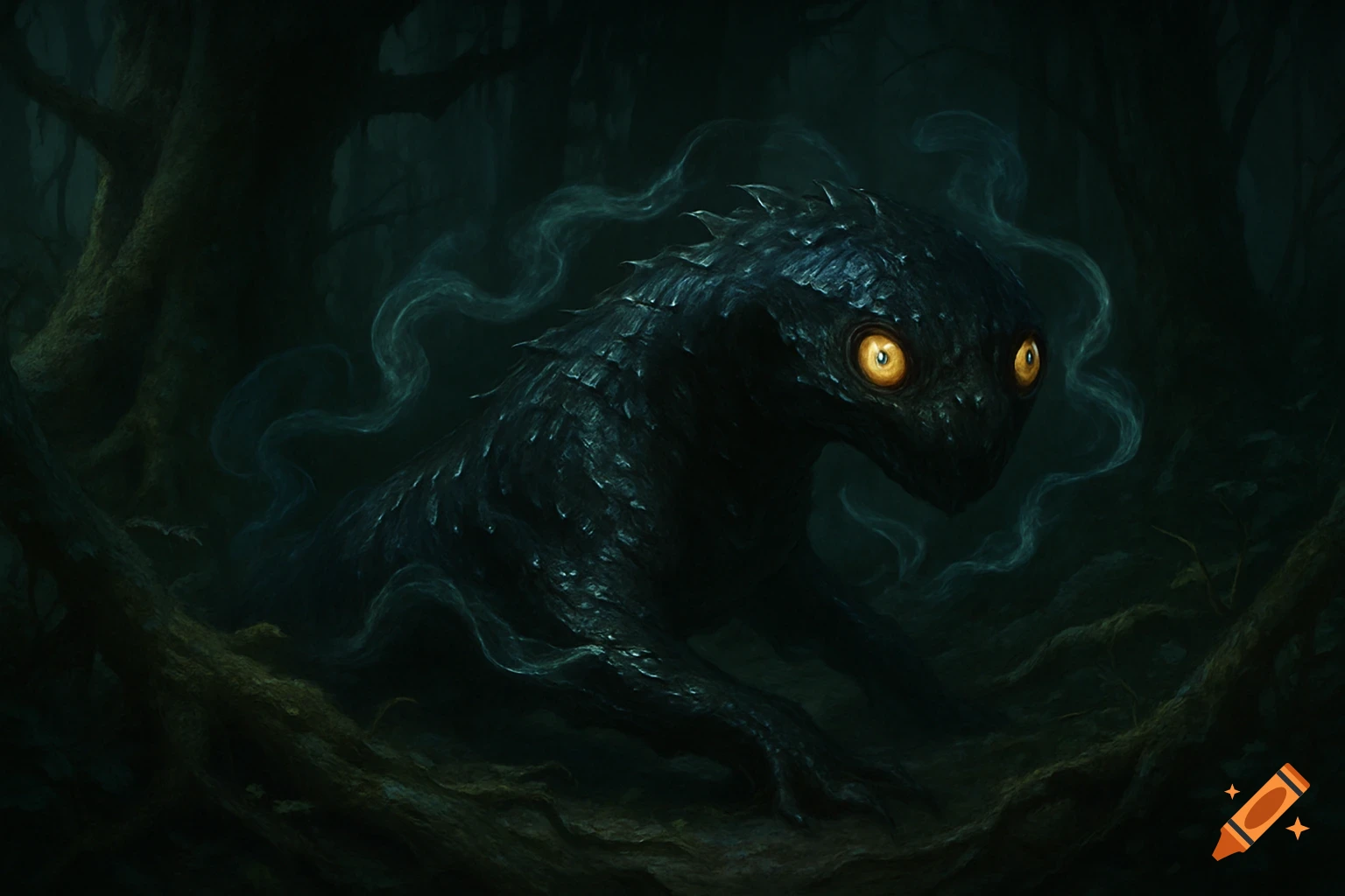 A dark, scaly, lizard-like monster with large glowing yellow eyes emerges from a misty, dark forest.