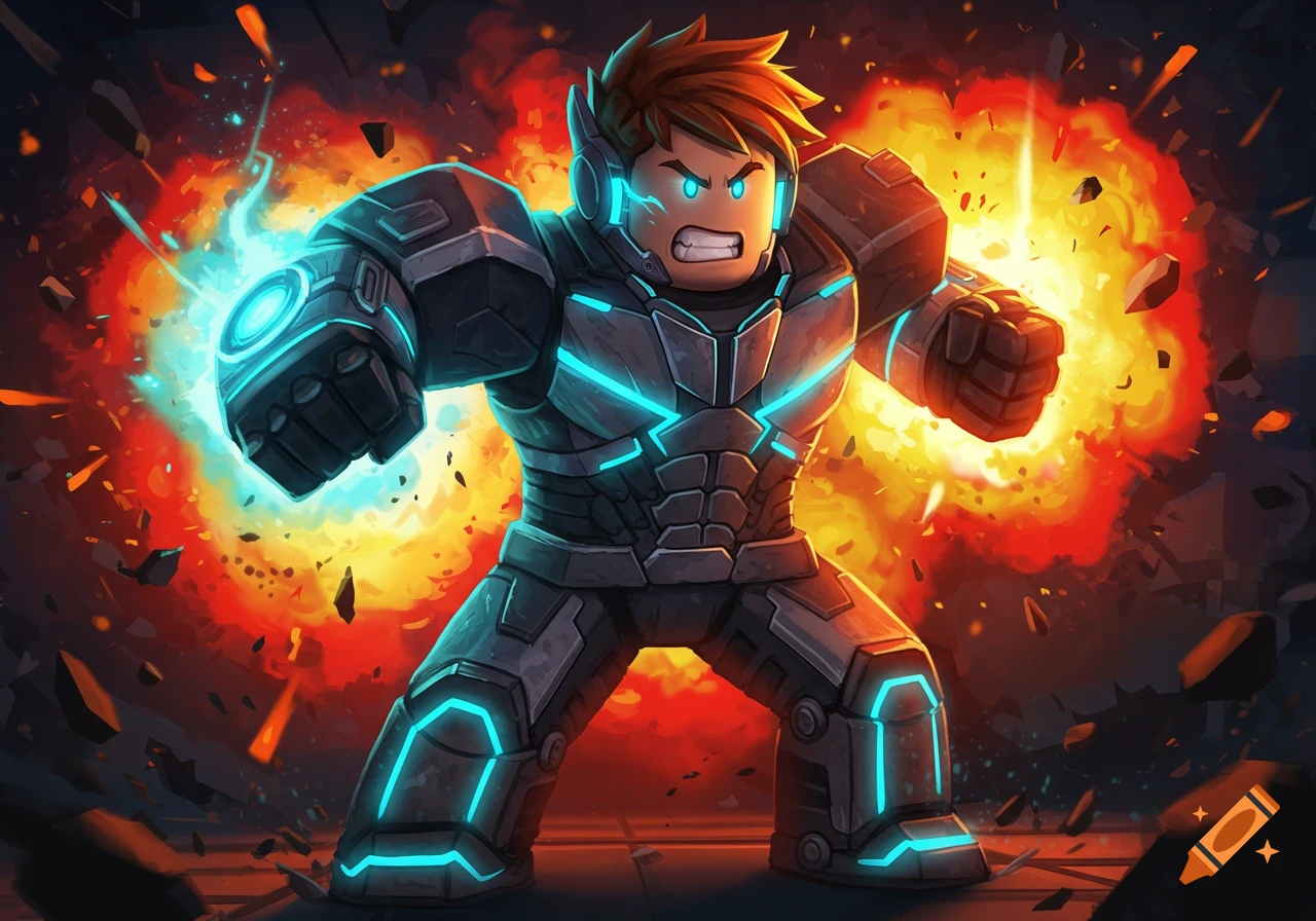 Vibrant Roblox-style character in blue glowing power armor with a powerful stance, surrounded by explosions and debris.