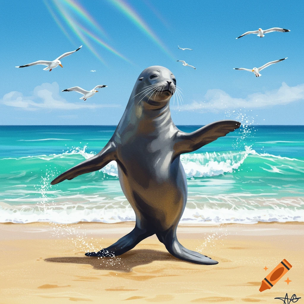 A cartoon seal stands on a sunny beach with arms outstretched, as if dancing, with seagulls flying and a rainbow in the sky.