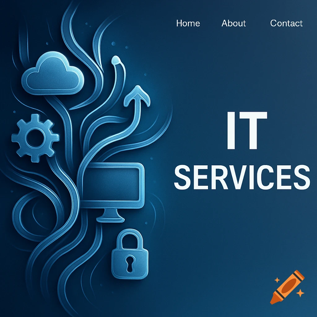 Blue digital illustration with IT service icons: cloud, gear, monitor, lock, and arrow, alongside 'IT SERVICES' text.
