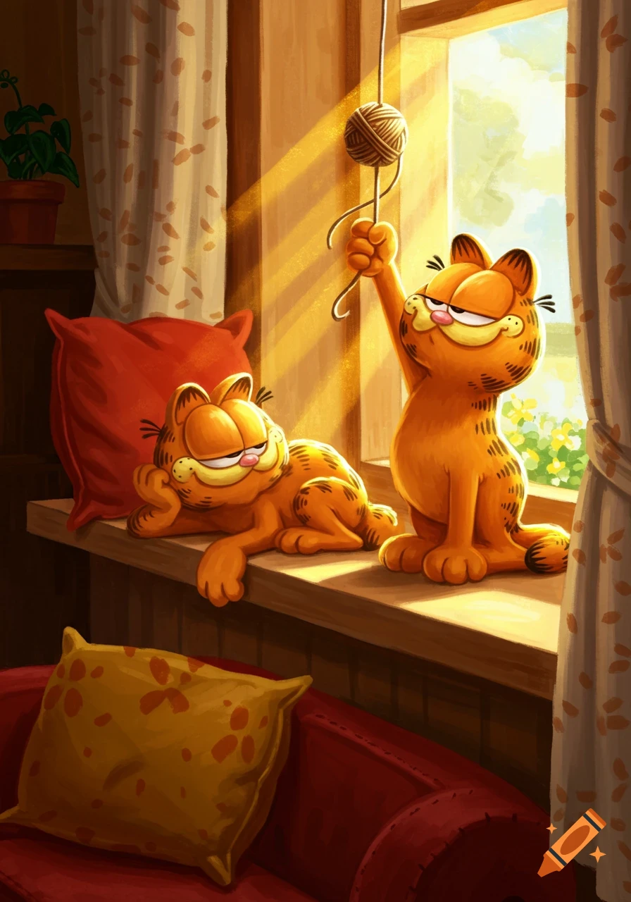Two animated Garfield cats by a sunny window, one playing with yarn, the other lounging on a red pillow.