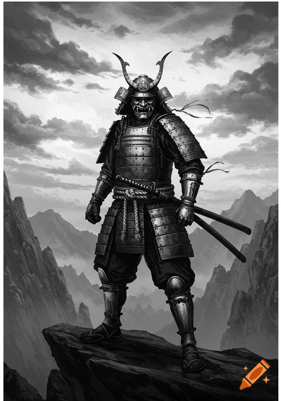 Black and white illustration of a samurai in armor with an oni mask standing on a mountain cliff.