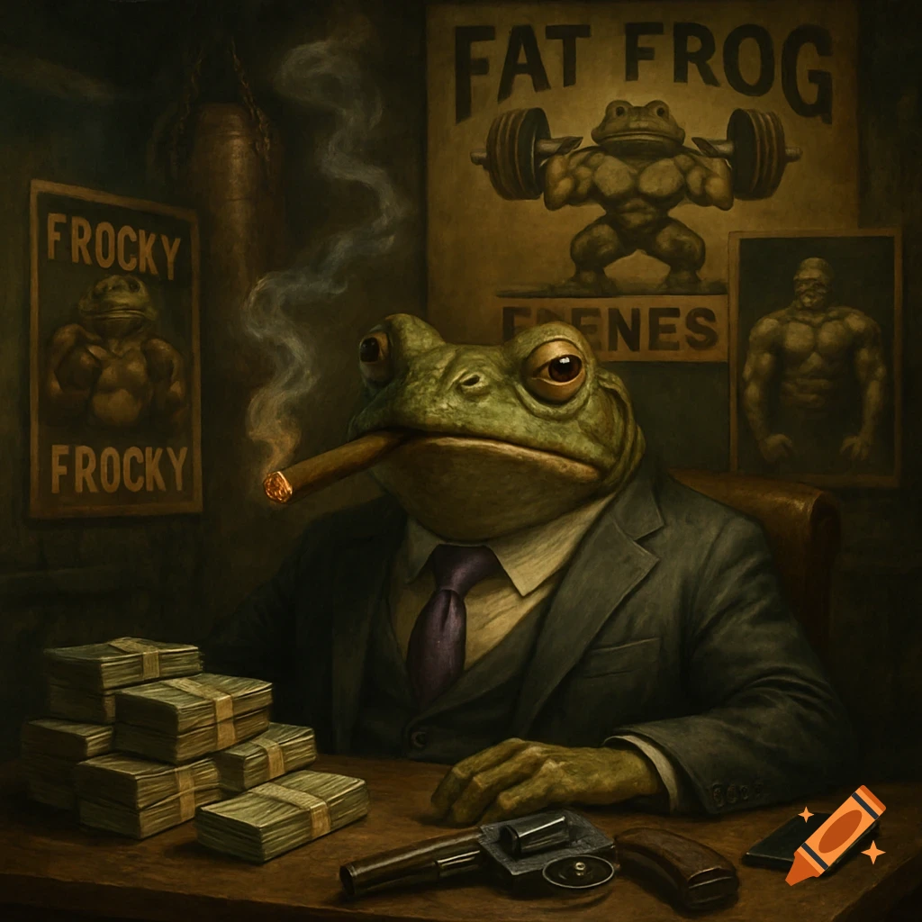 Painterly illustration of a frog in a suit, smoking a cigar at a desk with money and a gun, with boxing posters in a moody room.