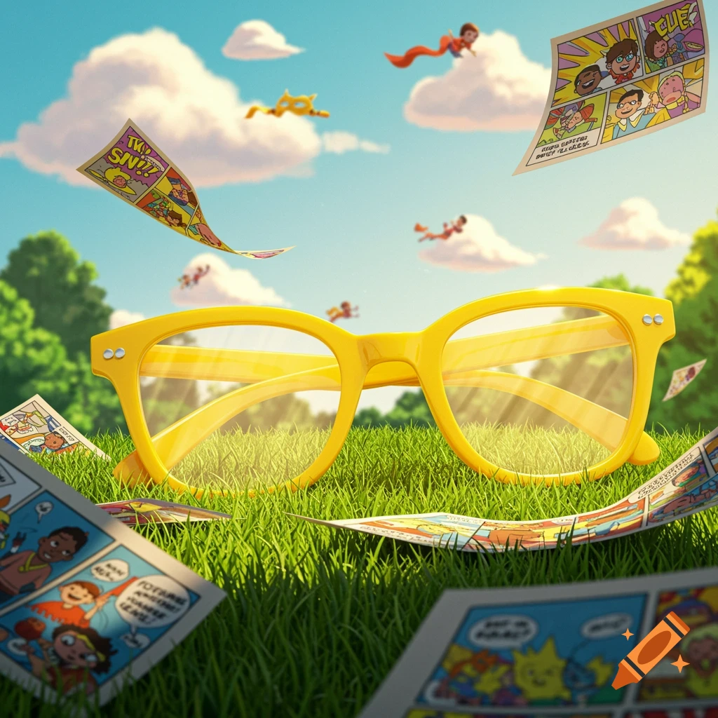 Close-up of bright yellow glasses on green grass, surrounded by flying comic book panels depicting cartoon children superheroes under a sunny sky.