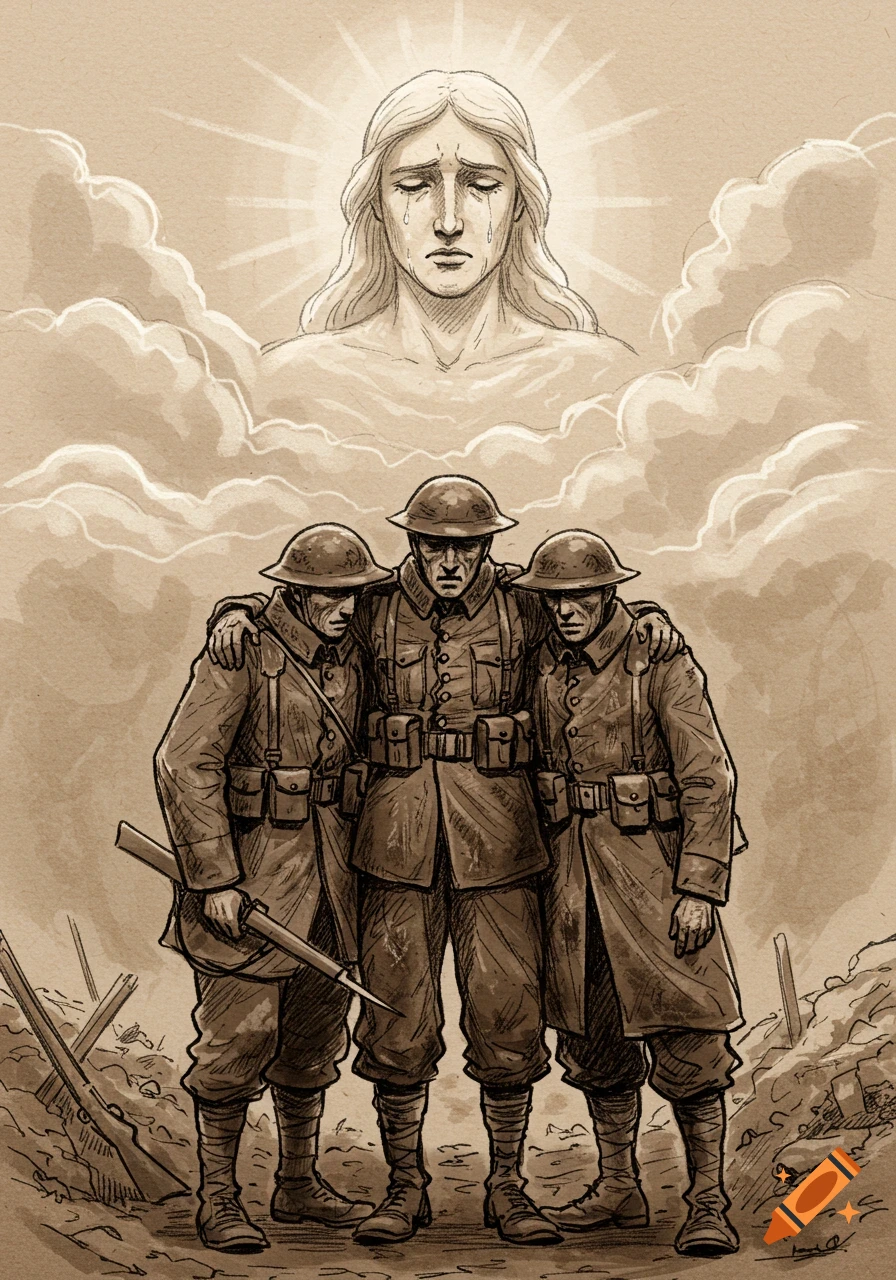 Sepia-toned sketch showing three World War I soldiers in trenches, looking weary, with a crying divine figure in clouds above them.