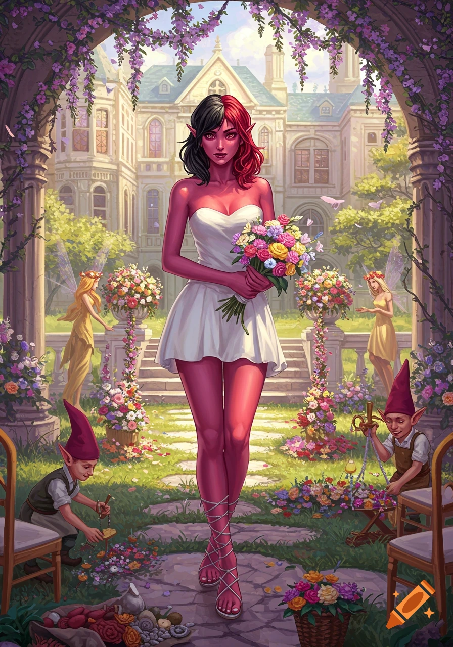 A dark red-skinned elf bride with split black and red hair in a white mini-dress holds a bouquet in a lush garden with a mansion, fairies, and gnomes.