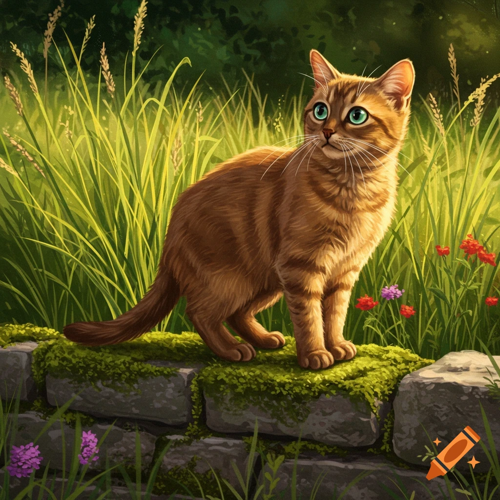 An orange tabby cat with green eyes stands on a mossy stone wall amid tall green grass and small colorful flowers in a vibrant illustration.