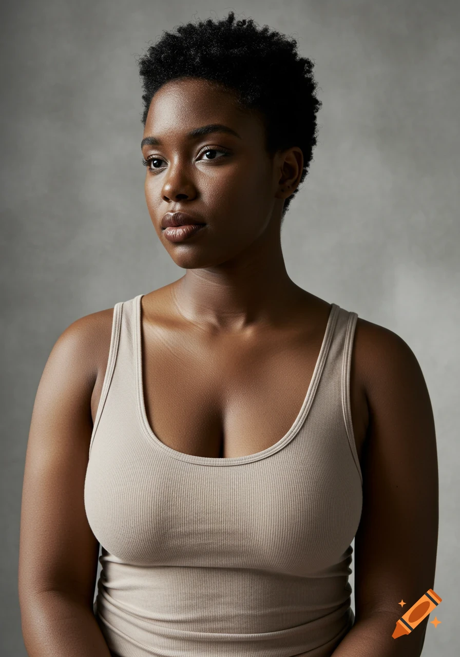 A close-up photorealistic portrait of a young Black woman with short dark hair, wearing a light beige ribbed tank top, looking left.