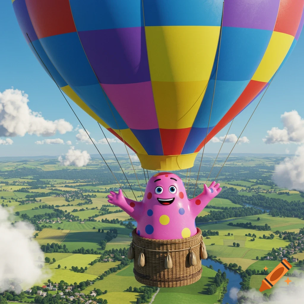 A pink, polka-dotted cartoon character with a happy face in a basket, flying high in a multi-colored hot air balloon over a green, rural landscape.