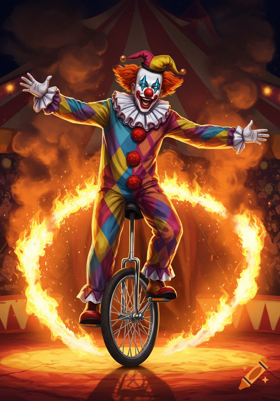 A colorful clown in a harlequin suit rides a unicycle in a circus ring, engulfed in a ring of stylized fire.