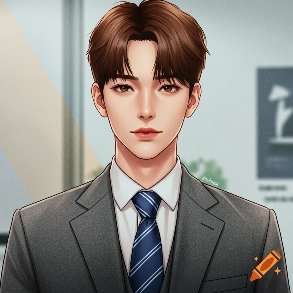Anime portrait of a young Korean man with brown hair and eyes, wearing a grey suit and blue striped tie.
