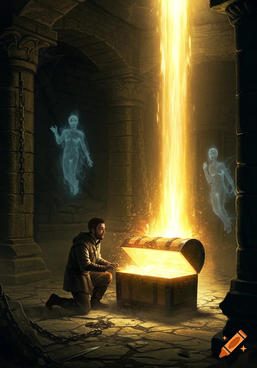 A man kneels in a dark dungeon, looking at an open, glowing treasure chest with spirits floating nearby, digital art.