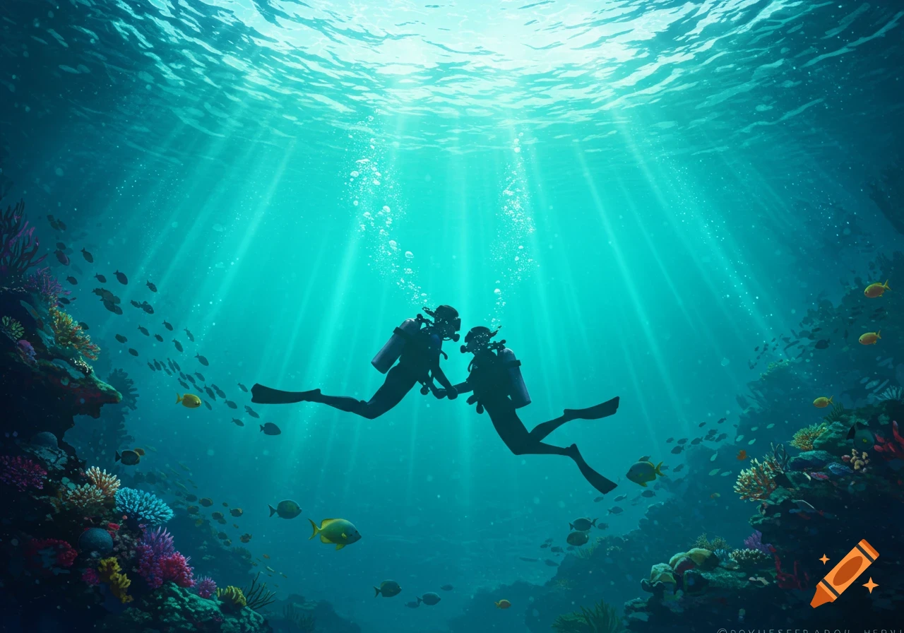 Two scuba divers hold hands underwater amidst vibrant coral reefs and schools of fish, with sun rays piercing through the surface.