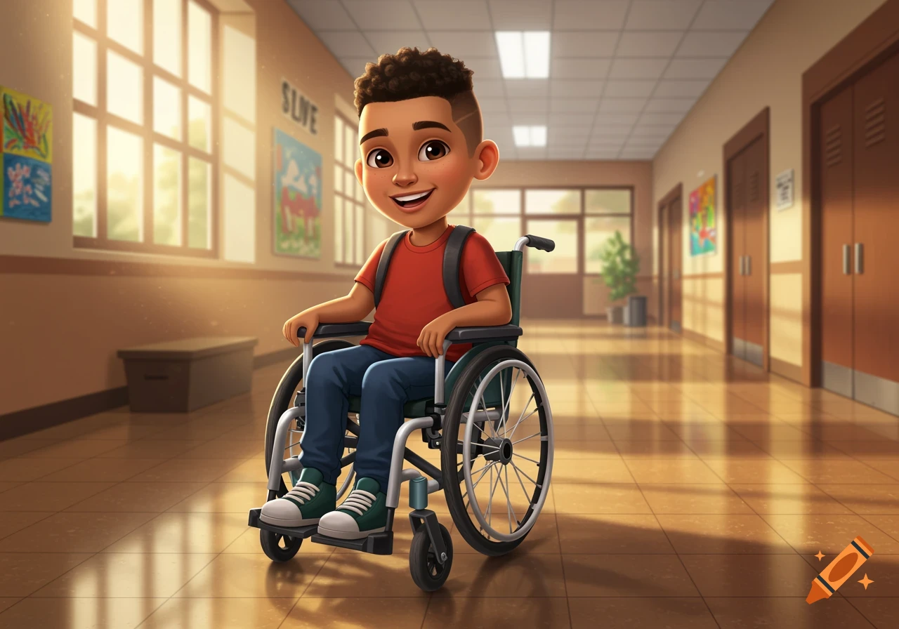 A happy cartoonish Mexican American boy in a wheelchair smiles in a sunny school hallway.