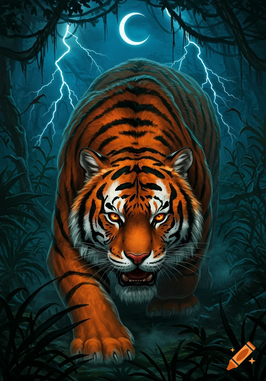 A stylized illustration of an orange tiger with glowing eyes prowling through a dark, stormy jungle at night, with a crescent moon and lightning in the sky.