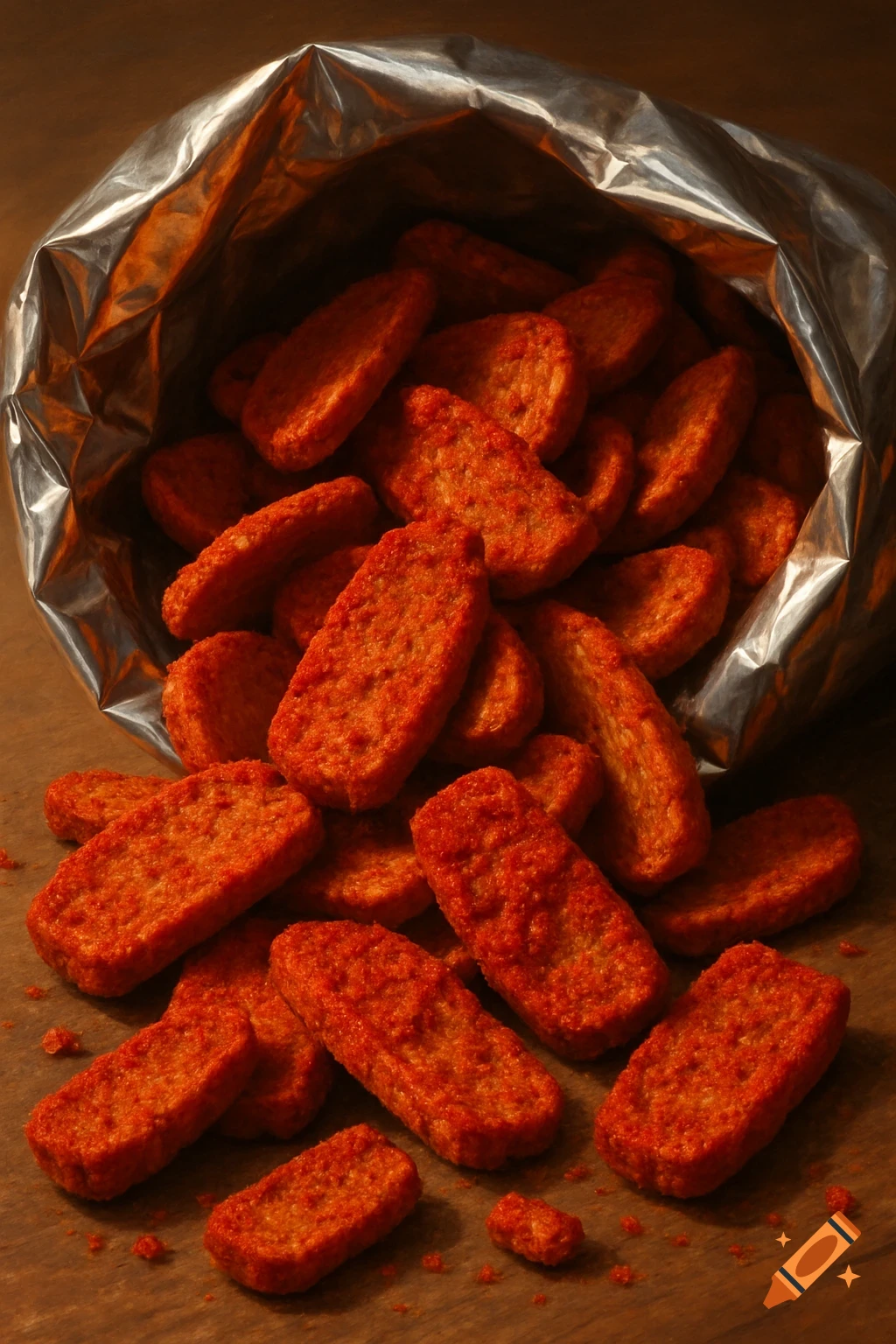 Photorealistic image of red, seasoned chips spilling from a silver foil bag onto a brown wooden surface.