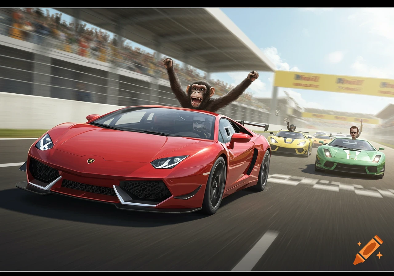 A victorious monkey in a red Lamborghini racecar, arms raised, leads other cars with human drivers on a track, photorealistic.