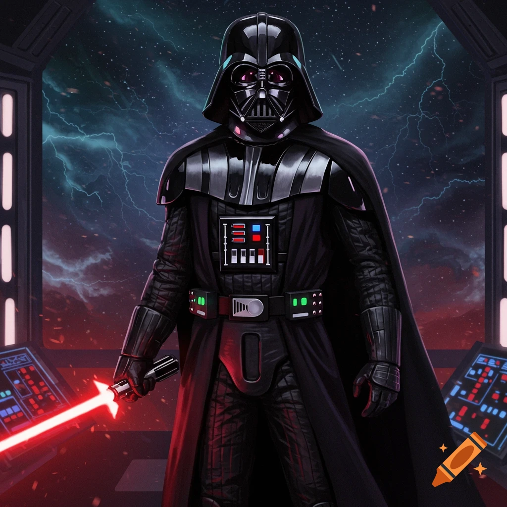 Darth Vader stands in a detailed illustration, holding a red lightsaber inside a spaceship bridge with a stormy cosmic background.