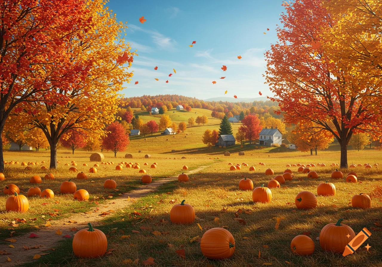 A vibrant autumn countryside with a pumpkin patch, falling orange leaves, and distant farmhouses under a blue sky.