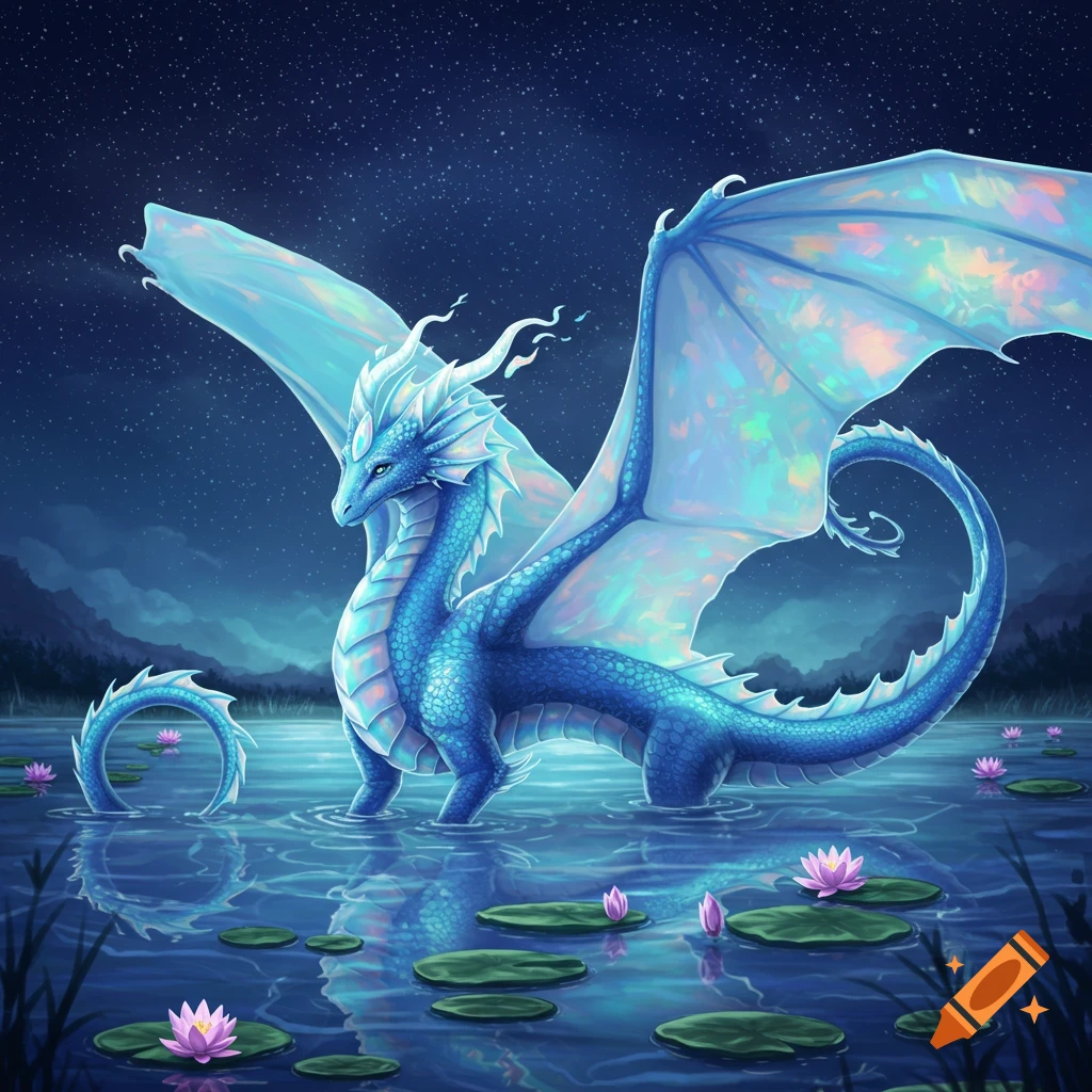 A majestic royal blue opalescent water dragon with shimmering wings stands in a moonlit pond filled with lily pads under a starry night sky.